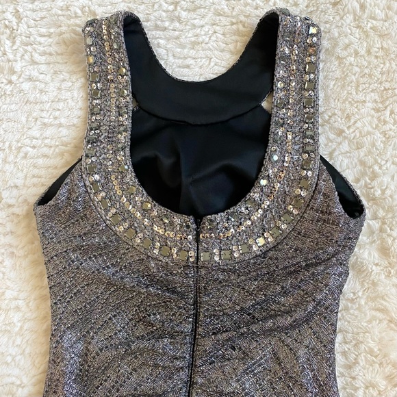 Cache Silver Metallic Beaded Embellished Evening Gown Maxi Dress 0 XS Y2K - Picture 7 of 16